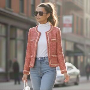 CHANEL Style Orange and Cream Tweed Blazer